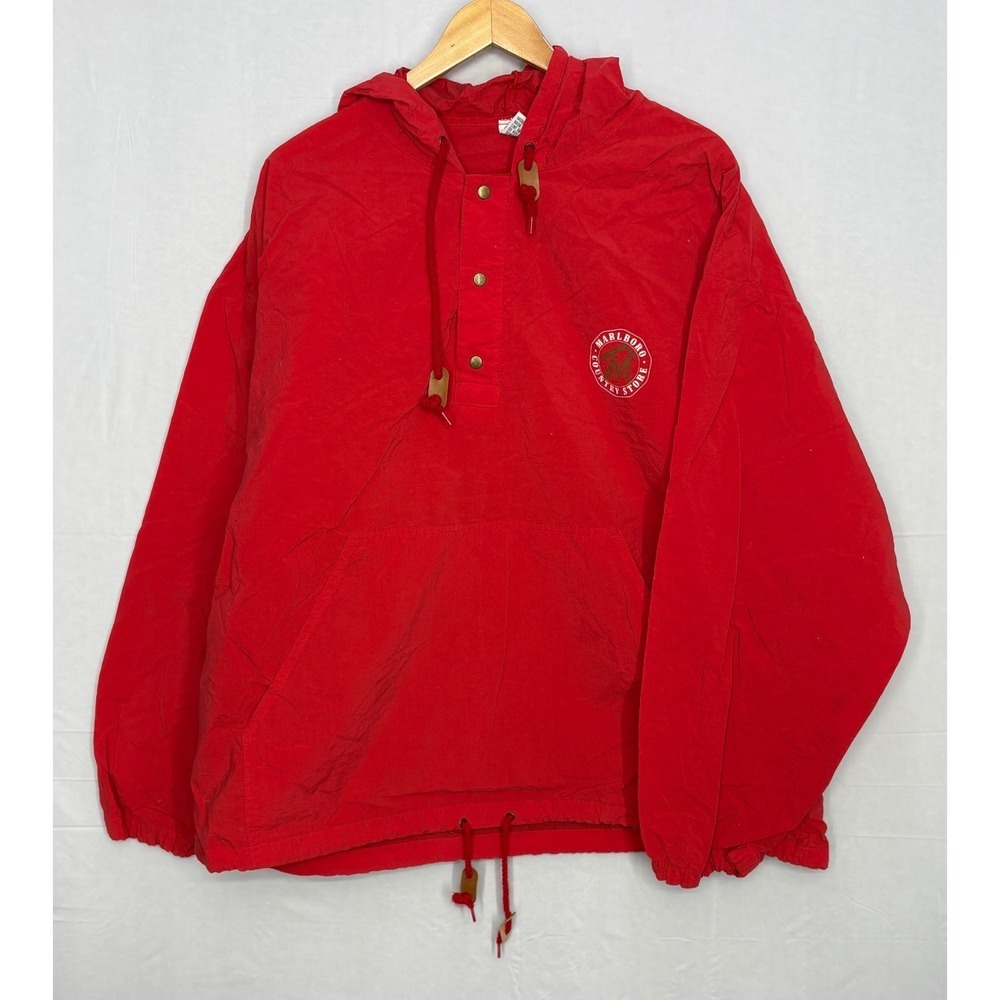 Marlboro Country Store Hooded Windbreaker Jacket Mens Red Size XL 80s Vintage